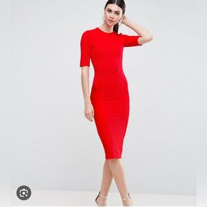 ASOS Red Dress 3/4 sleeves size US 12 ribbed midi length